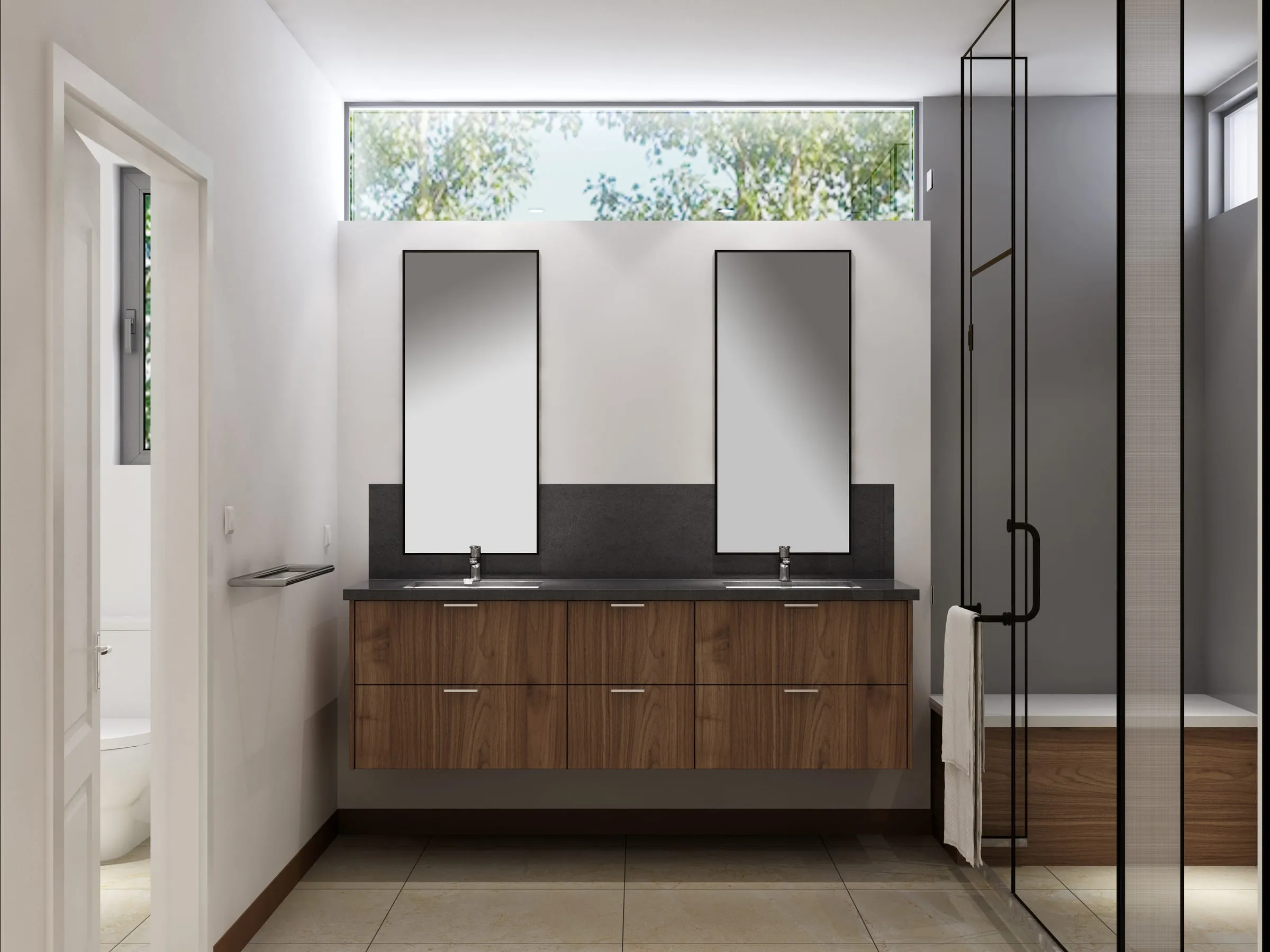 Walnut frameless double vanity with a dark stone top and a glass shower enclosure