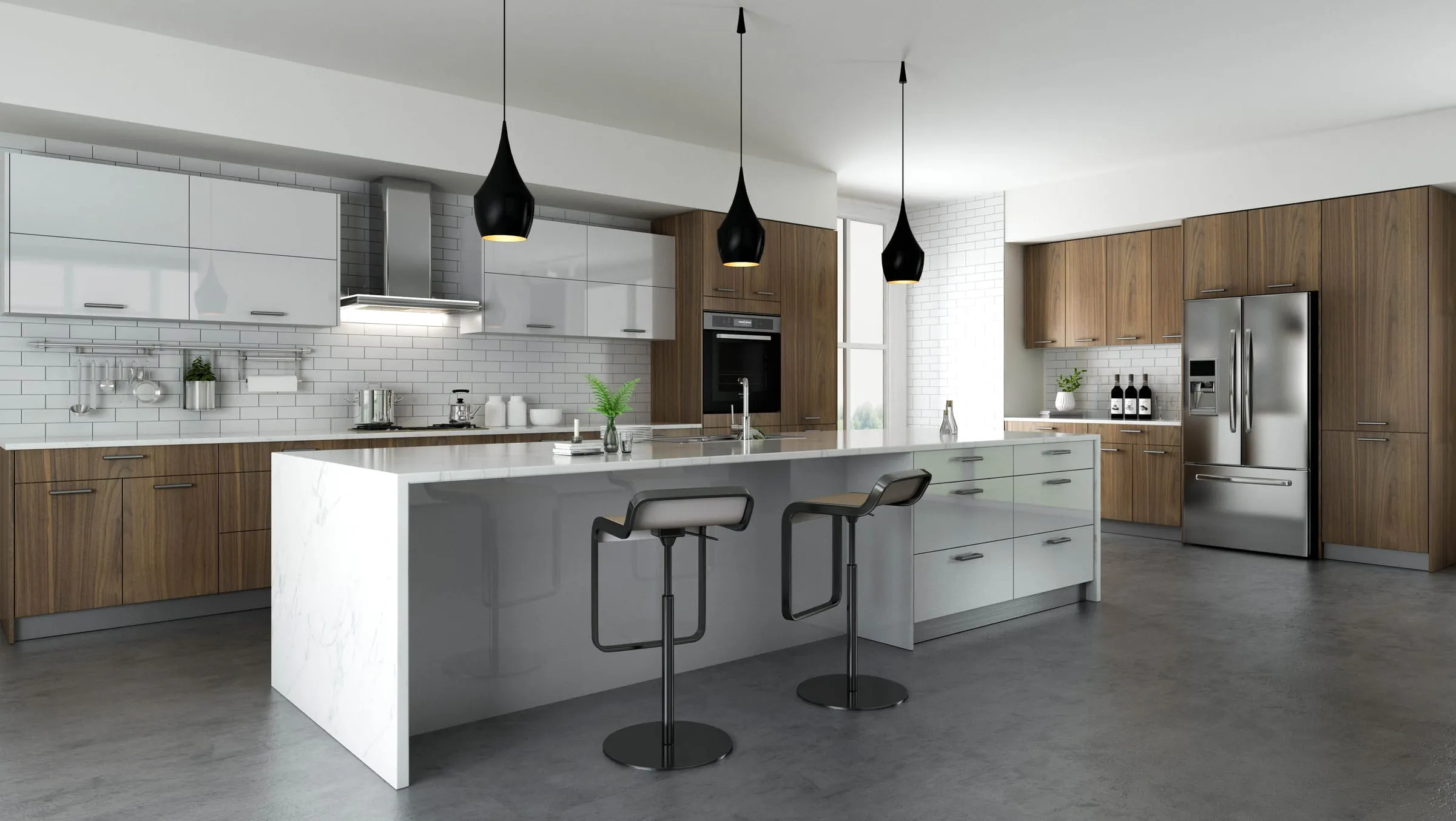 Walnut and white frameless kitchen with island seating and black pendant lights