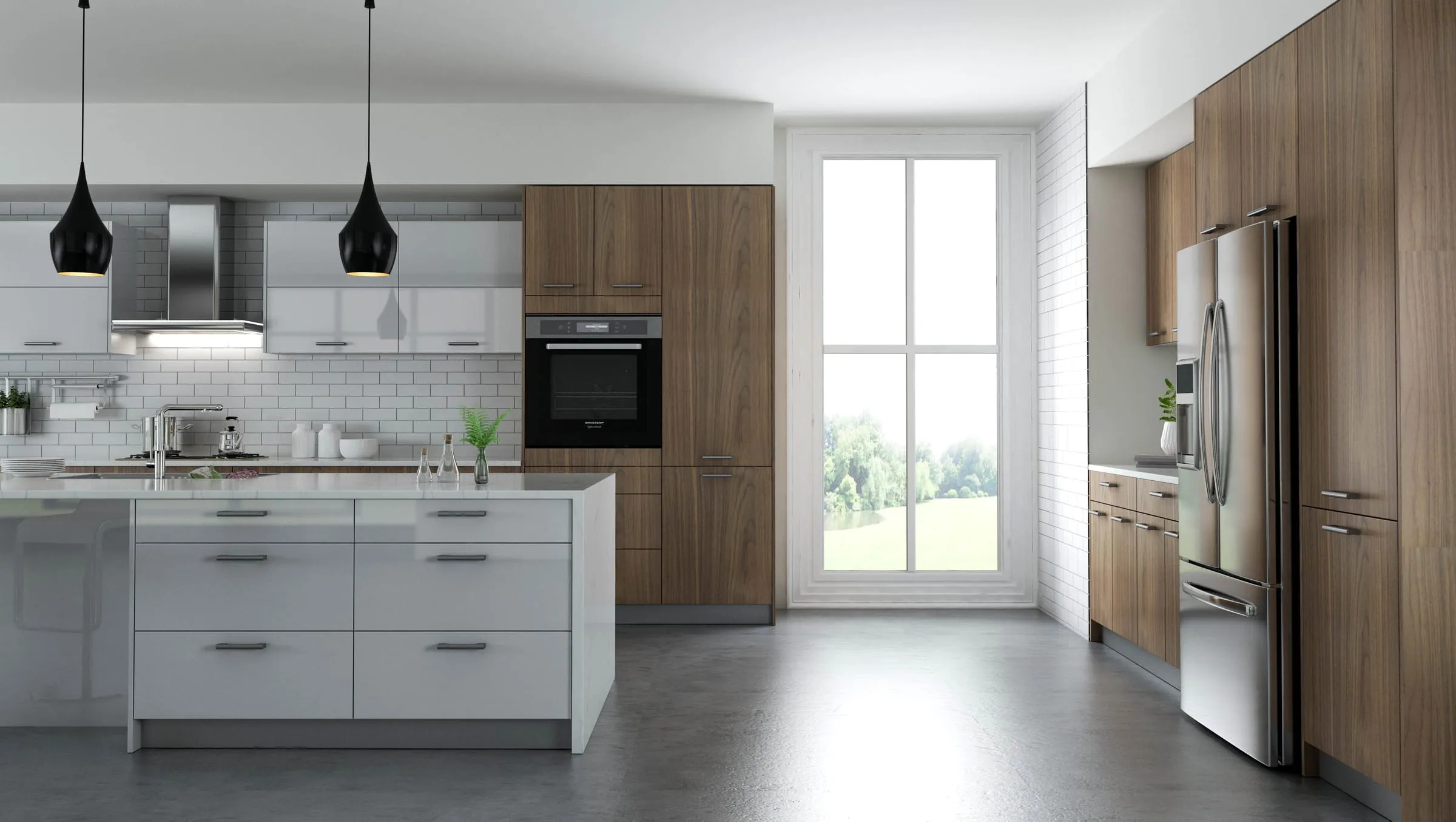 Walnut frameless kitchen with a tall pantry run, window wall, and a gray island