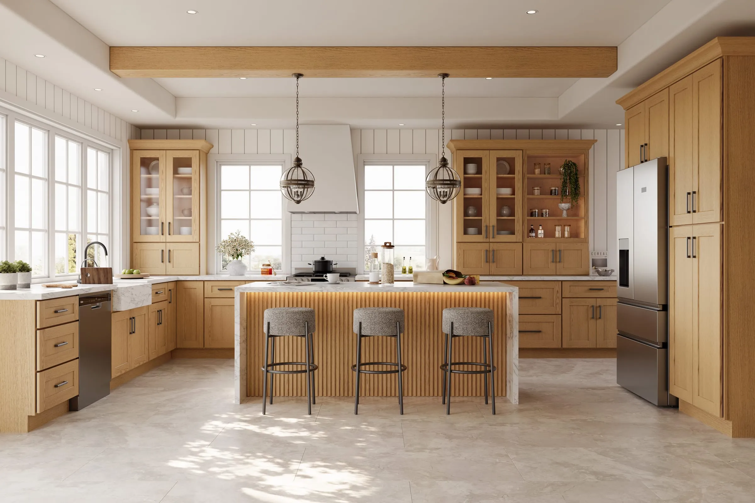 Natural white oak shaker kitchen with island seating, beamed ceiling, and glass-front uppers