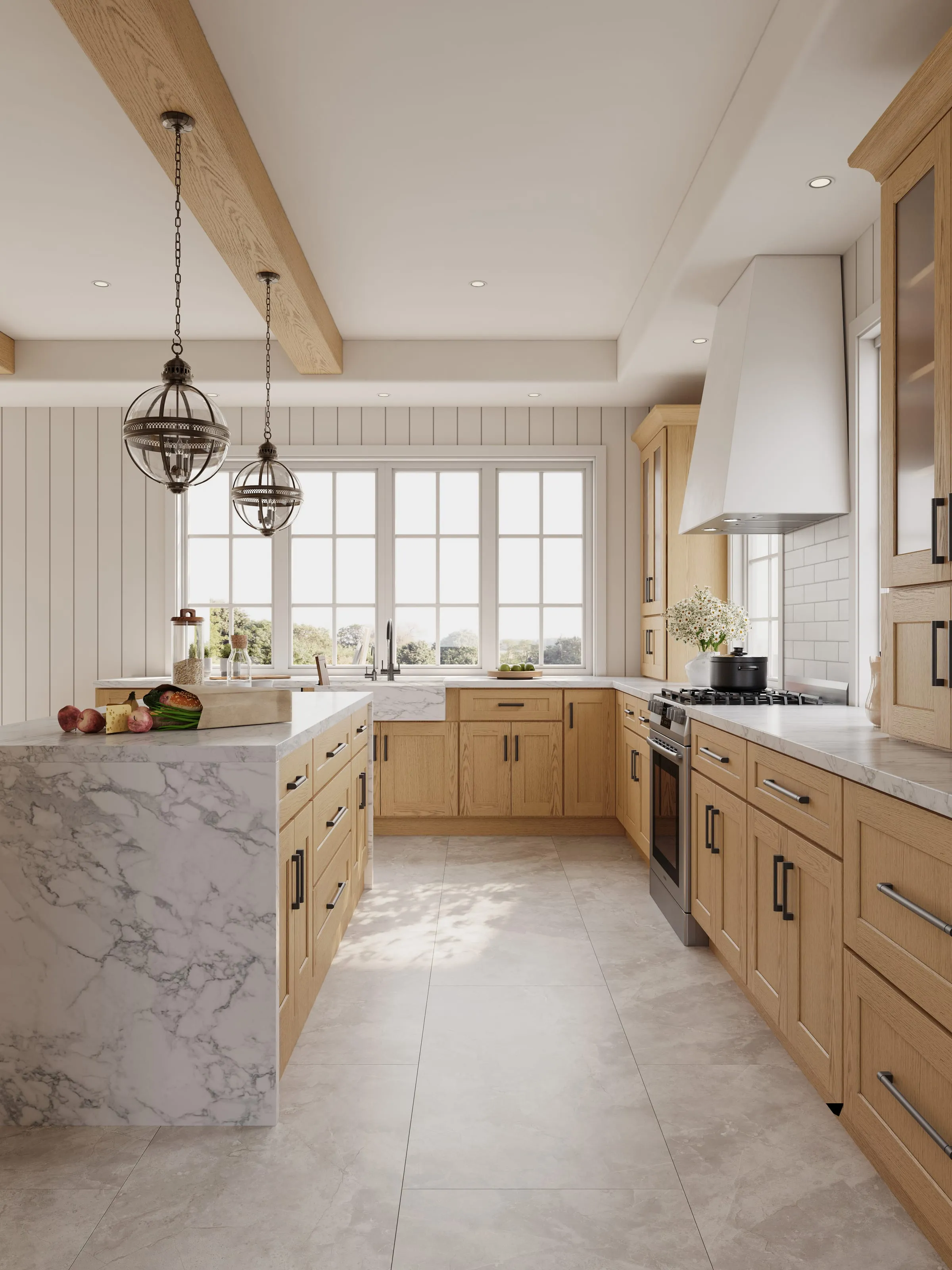 White oak shaker kitchen with a marble waterfall island, seen lengthwise