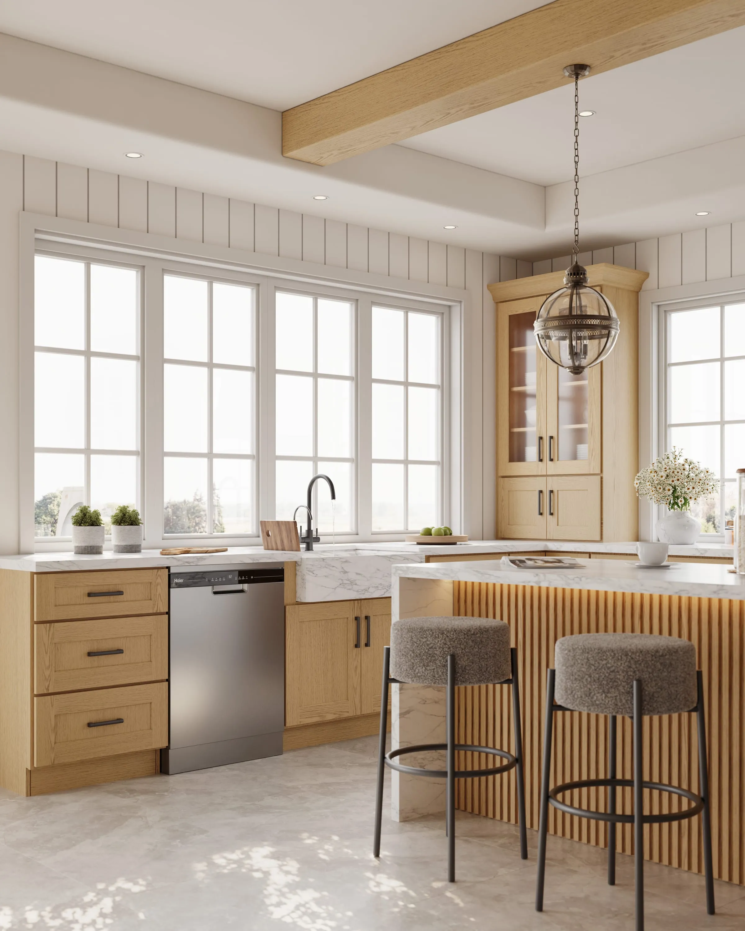 White oak shaker kitchen with a farmhouse sink, window wall, and corner display cabinet