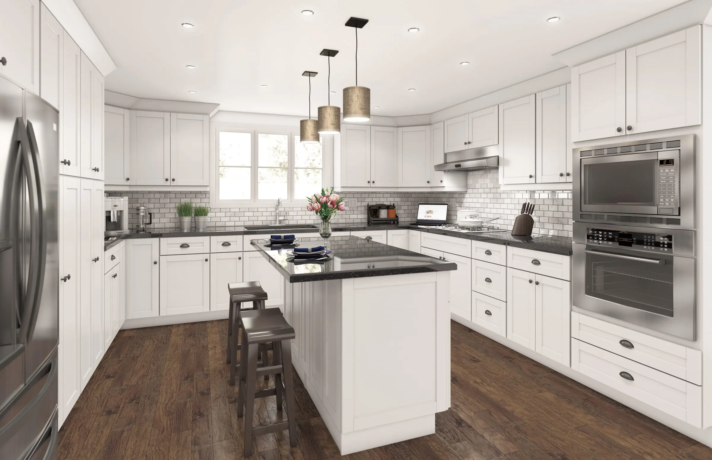 White shaker L-shaped kitchen with a center island, brick-look backsplash, and stacked stainless wall ovens